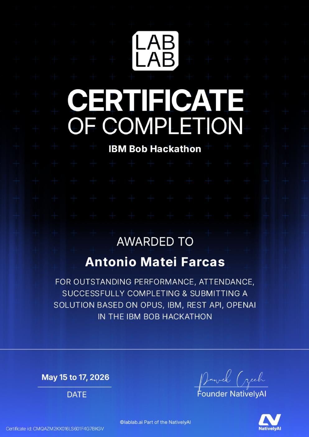 IBM BOB Hackathon certificate of completion awarded to Antonio Matei Farcas