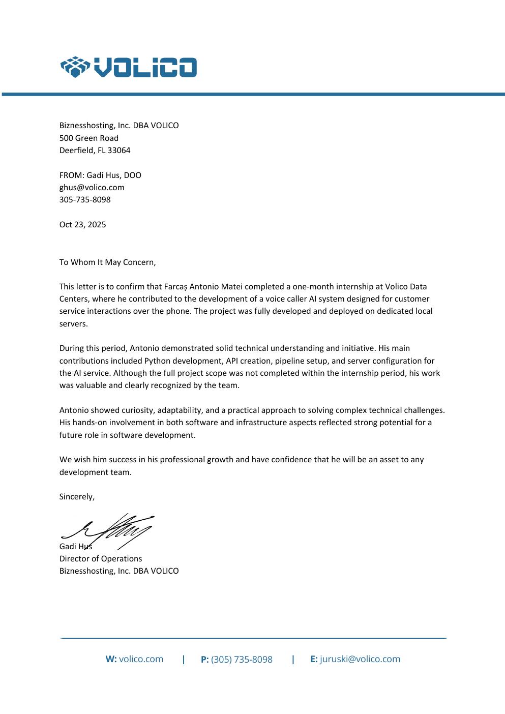 Volico Data Centers recommendation letter preview